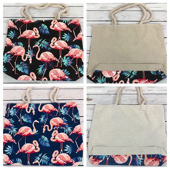 Large Canvas Flamingo Tote Beach Bag Rope Handles - Picture 6 of 7